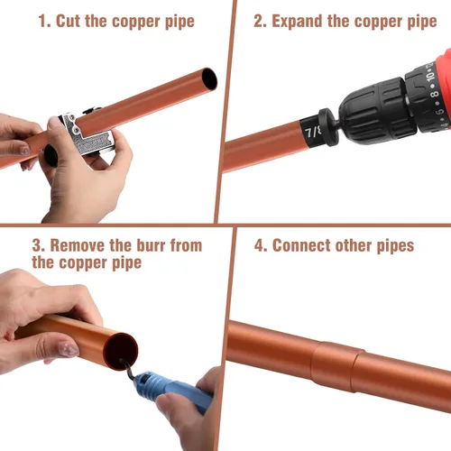 Miniatura 7 de WADEO Juego de Brocas de Corte y Expansión de Tubo de Cobre, Kit de Estampado y Desbarbado HVAC para Cobre, Herramienta de Estampado para Reparación