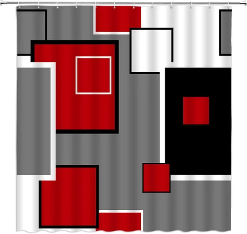 Miniatura 8 de Cortina de ducha moderna geométrica azul gris negro abstracto geométrico de mediados de siglo, moderno juego de decoración de baño con ganchos