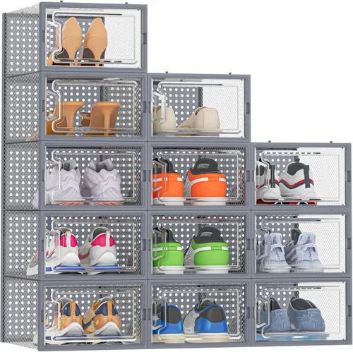 Miniatura 13 de HOMIDEC Almacenamiento de zapatos, paquete de 12 organizadores de zapatos para armario, cajas de zapatos apilables de plástico transparente