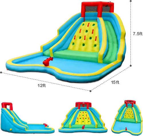 Miniatura 6 de KOTEK Tobogán acuático inflable, parque acuático gigante inflable con piscina grande para salpicaduras, 2 toboganes, pared de escalada y manguera