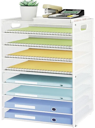 Miniatura 11 de SUBEKYU Organizador de papel de 9 niveles para escritorio, bandeja de cartas de malla de metal negro, organizador clasificador de papel de archivo