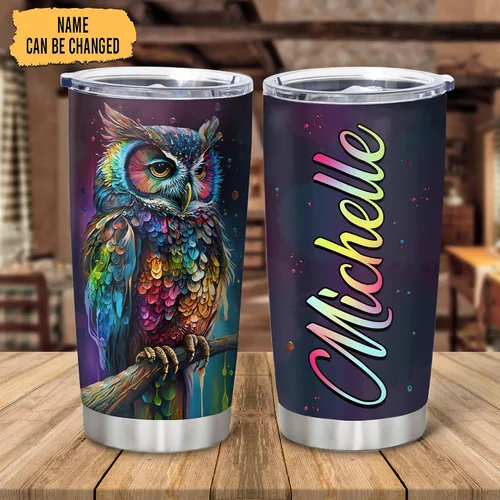 Miniatura 2 de Hyturtle Vaso Personalizado para Amantes de Búhos - Vaso de Café de Acero Inoxidable con Impresión de Búhos y Nombre Personalizado 590 ml con Tapa