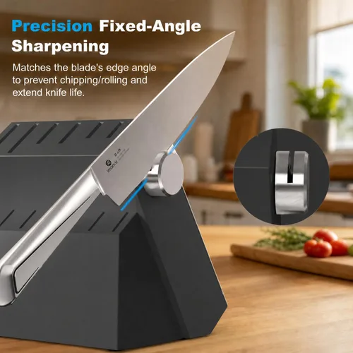 Miniatura 6 de imarku Juego de cuchillos de cocina con bloque y afilador incorporado, juego de 14 piezas de cuchillos de acero inoxidable japonés con cuchillo Negro