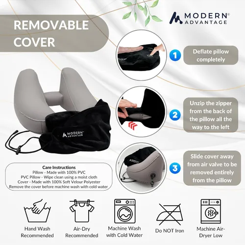Miniatura 8 de Modern Advantage Almohada inflable de viaje para aviones con capucha cómoda, soporte ajustable para el cuello, almohada ligera y compacta para Negro