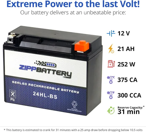 Miniatura 3 de ZIPPBATTERY 24HL-BS Reemplazo de batería de 12 V 27 Ah sin mantenimiento para ATV, motocicleta, motos acuáticas, scooter, UTV y más, terminal