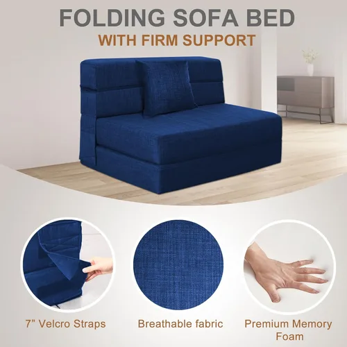 Miniatura 7 de Nigoone Sofá cama plegable de espuma viscoelástica con cojín, silla reclinable, sofá cama individual convertible para invitados, futón, funda Azul