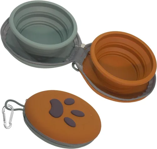 Miniatura 9 de Cuencos plegables para perros, tazón de silicona 2 en 1 para comida y agua para mascotas con mosquetón, plato portátil de doble compartimento