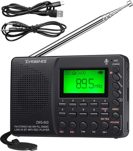 ZHIWHIS Radio Bluetooth portátil, radios FM AM de onda corta con temporizador de sueño y función preestablecida, grabadora digital recargable,