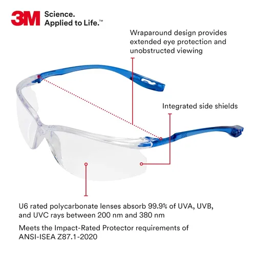 Miniatura 3 de 3M Gafas de seguridad, Virtua Sport CCS, paquete de 20, ANSI Z87, antivaho, antiarañazos, lente transparente, marco azul, sistema de control