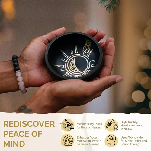 Miniatura 2 de Moon in Sun - Juego de cuenco cantante con piedra de lava y pulsera de cuarzo rosa Mala, hecho a mano en Nepal para curación de chakras, meditación