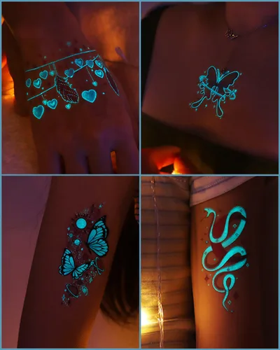 Miniatura 3 de 20 hojas de tatuajes temporales de mariposa que brillan en la oscuridad para mujeres, flores luminosas, mariposas, alas de tatuaje, calcomanías