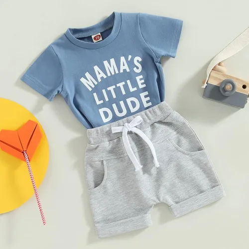 Miniatura 71 de Conjunto de traje de verano para bebé niño pequeño, manga corta, cuello redondo, letras impresas, lindo traje de verano, conjunto de 2 piezas