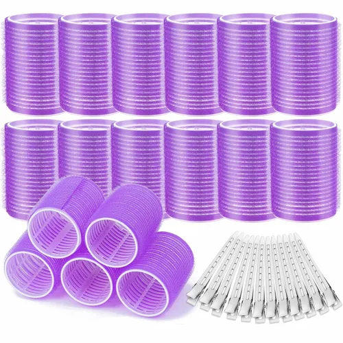 Acejoz Rodillos de pelo, 12 rizadores grandes de autoagarre con 12 pinzas de acero inoxidable, para volumen de cabello largo y medio grueso (morado)
