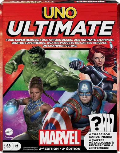 Mattel Games UNO Ultimate Marvel Juego de cartas con 4 mazos de personajes, 4 cartas coleccionables de lámina metálica y reglas especiales, para 2-4