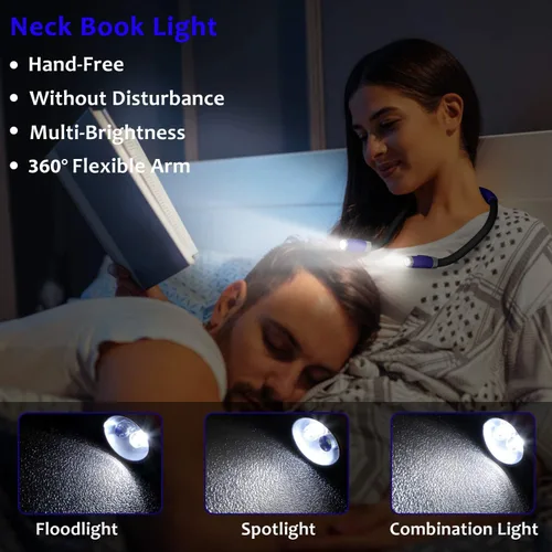 Miniatura 2 de LUXJET Luz de lectura de cuello y luz de libro para leer en la cama, manos libres, 6 niveles de brillo, brazos flexibles de 360°, recargable de 80