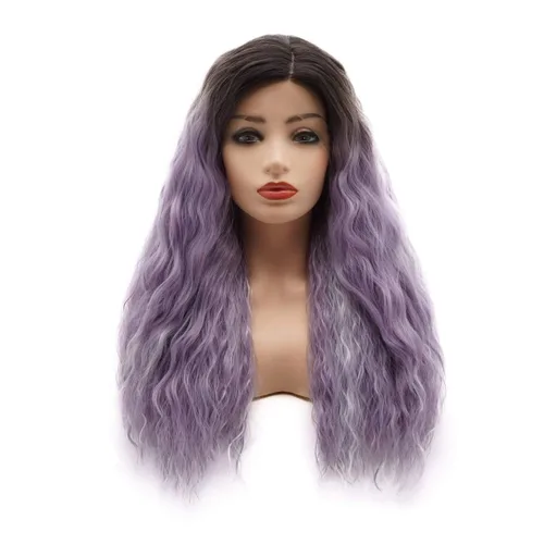 Pelucas de cabello rizado largo de 24 pulgadas de raíz oscura, mezcla de color morado claro y blanco, ombré, densidad pesada, realista, pelucas de