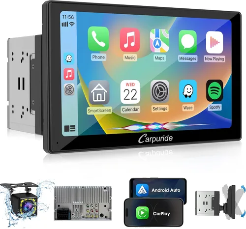 Carpuride Estéreo de auto doble DIN con CarPlay y Android Auto Radio para automóvil de 9 pulgadas, pantalla táctil flotante HD, receptores de audio