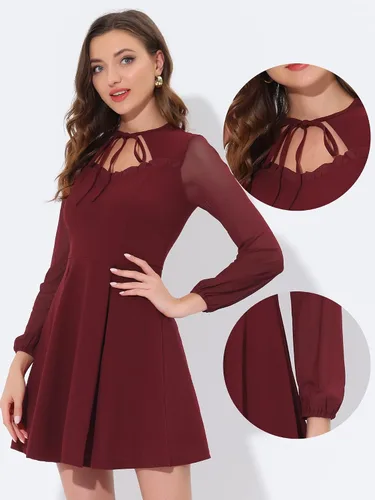 Miniatura 2 de Allegra K Vestido acampanado para mujer, con cuello de lazo, manga de malla gótica, minivestido