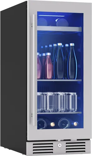 Zephyr Presrv - Refrigerador delgado de vino y bebidas de 15 pulgadas, zona única bajo encimera, mini enfriador de vino estrecho, pequeño gabinete