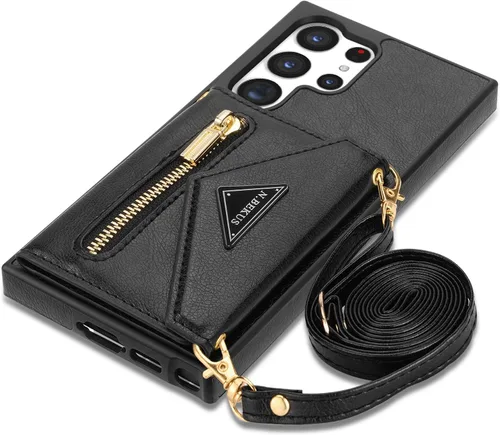 Miniatura 21 de Funda de cuero con tapa para Samsung Galaxy S23 5G, funda cruzada con soporte para tarjeta de crédito y correa con cordón de 6.1 pulgadas, para Negro