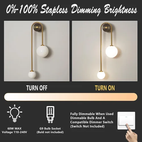 Miniatura 5 de Lámpara de pared moderna de mediados de siglo con forma de globo para interiores, 2 luces, color negro y dorado, con vidrio de leche, lámparas