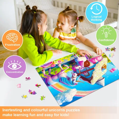 Miniatura 3 de Rompecabezas de 100 piezas para niños de 4 a 8 años de edad, regalo para la familia (unicornios rosados)