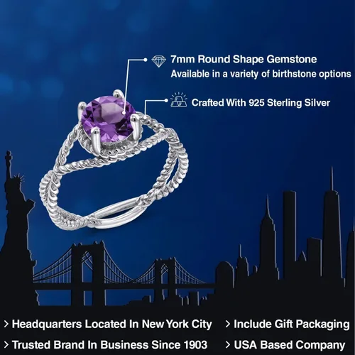 Miniatura 88 de Gem Stone King 7MM Round Gemstone Birthstone Solitaire Ring for Women Twisted Rope Band in 925 Sterling Silver Available in Sizes 5, 6, 7, 8, 9