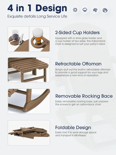 Miniatura 3 de KINGYES Silla mecedora Adirondack con otomano retráctil y portavasos, silla reclinable de patio Adirondack de HDPE para porche, patio, balcón, Teca