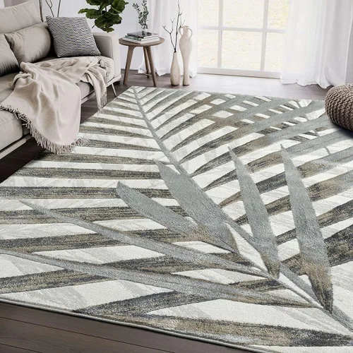 Abani Alfombra decorativa de estilo ecléctico moderno con diseño de hojas de palma, color marrón, gris y beige (4 x 6 pies, gris y marrón)