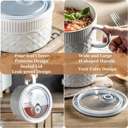 Miniatura 3 de Gomakren Tazón de sopa con asa de 39 onzas, cuenco de ramen para microondas con tapa, recipiente de sopa de cerámica para ramen, cereales, oficina