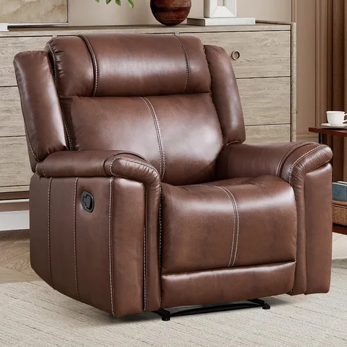 Miniatura 17 de EBELLO Sofá reclinable de cuero sintético de 3 plazas, sofá reclinable manual, silla de 3 asientos de estilo moderno de mediados de siglo con Marrón