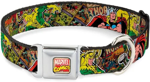 Buckle-Down Collar de perro con hebilla de cinturón de seguridad, postura de Thor & Loki/cómics retro apilado, 1 pulgada de ancho, se adapta a