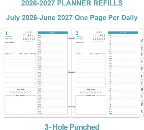 Miniatura 2 de Recambio de planificador 2026-2027, una página por día, 3 agujeros diarios y mensuales, julio 2026 a junio 2027, 8.5 x 11 pulgadas