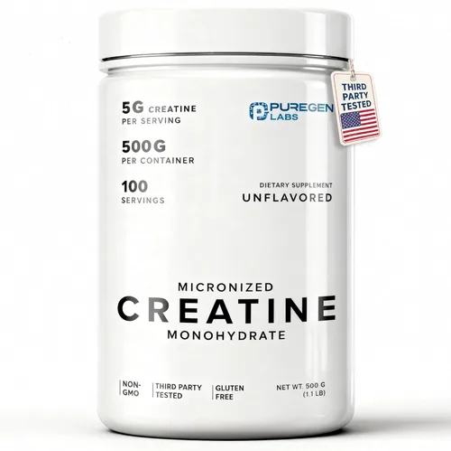 Puregen Labs - Monohidrato de creatina micronizada en polvo 17.64 oz – puro, sin sabor, sin aditivos | 5000 mg por servicio (0.18 oz) – 100