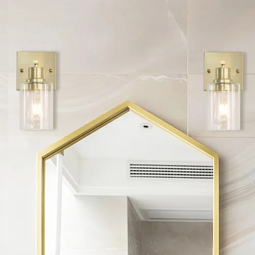 Miniatura 6 de Paquete de 2 lámparas de pared para sala de estar, luces de tocador de oro cepillado con pantalla de cristal, apliques de pared modernos de granja