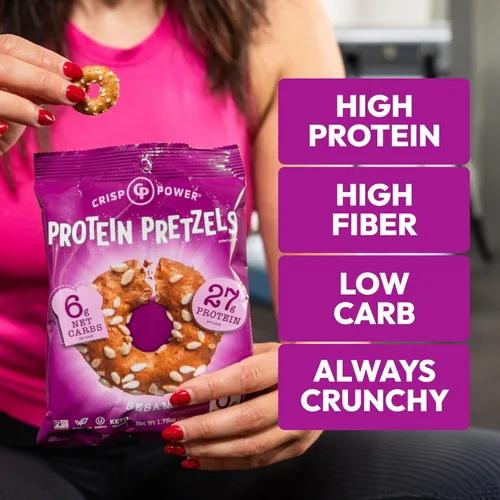 Miniatura 7 de CRISP POWER Pretzels de proteína, paquete variado con sal marina, sésamo y todo, hasta 0.99 oz de proteína, aperitivo alto en proteínas, aperitivos