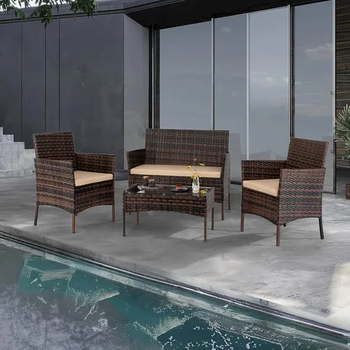 Miniatura 9 de Outvita Juego de muebles de patio de 4 piezas, juegos de conversación de ratán con sofá biplaza suave y mesa de cristal para jardín, patio, balcón