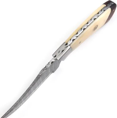 Miniatura 6 de Cuchillo de caza de Damasco hecho a mano de 8.25 pulgadas - Cuchillos de hoja fija con mango de hueso y funda de cuero - Cuchillo personalizado