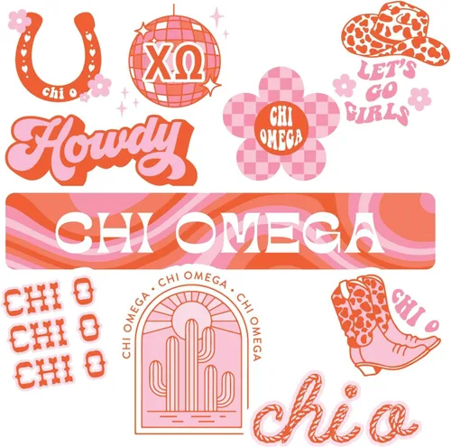 Chi Omega - Hoja de calcomanías de vinilo de diseño occidental con diseños oficiales, adhesivo extraíble, 10 calcomanías por hoja, por Sorority Shop