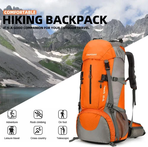 Miniatura 7 de Mochila de 70 L para Camping, Senderismo, Escalada al Aire Libre con Funda Impermeable para Lluvia Naranja
