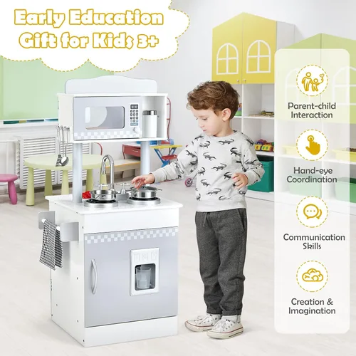 Miniatura 6 de HONEY JOY Juego de cocina para niños, cocina de doble cara para niños pequeños, horno y fregadero, dispensador de cubitos de hielo, utensilios