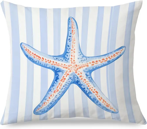 Miniatura 20 de Fundas de almohada costeras de langosta, fundas de almohada náuticas de langosta roja de Nueva Inglaterra con rayas azules y blancas para casa