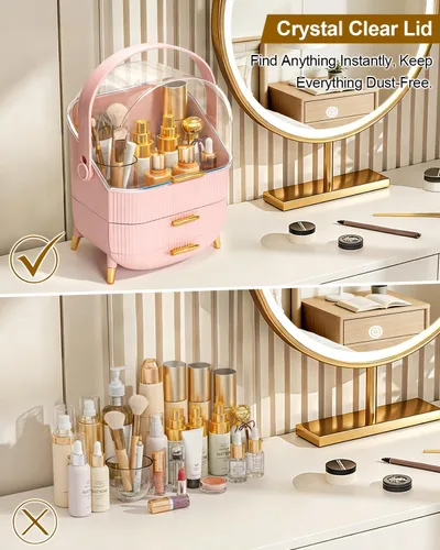 Miniatura 4 de Organizador de maquillaje con cajones y tapa, estuche portátil grande de almacenamiento de cosméticos para encimera de tocador, viajes, regalo