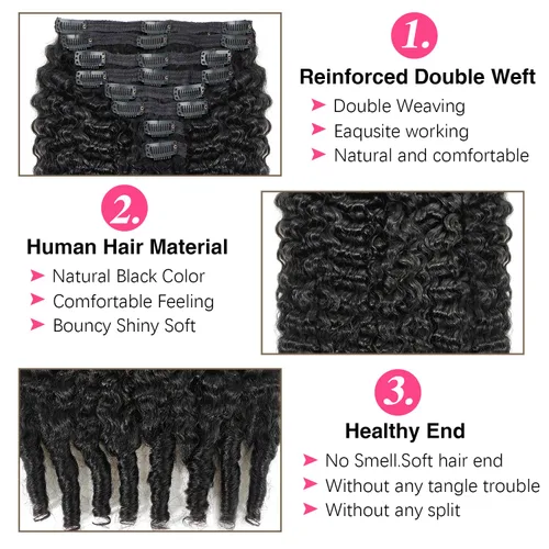 Miniatura 3 de Extensiones de cabello con clip de 12 pulgadas, rizado birmano, negro natural, extensiones de cabello con clip rizado birmano, cabello humano real