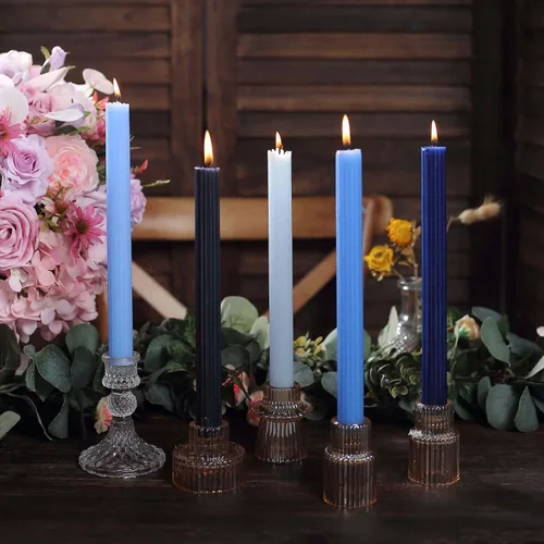Miniatura 2 de Efavormart Paquete de 5 Velas cónicas de mecha acanalada premium sin aroma de 9" en azul surtido, velas altas de cera con cinta para cena