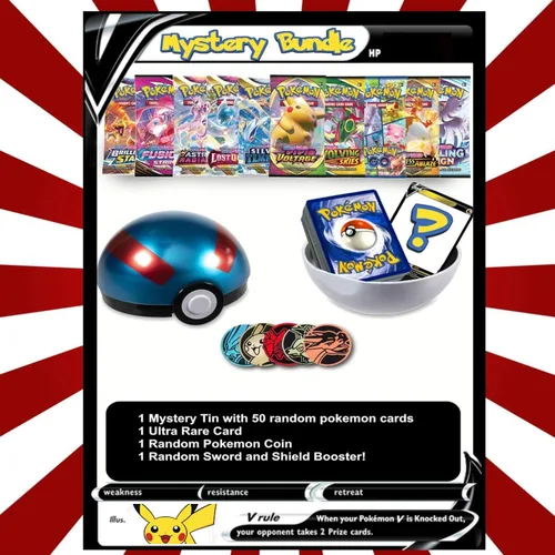 Pokemon TCG - Paquete de fiesta (50 cartas surtidas en una lata, 1 tarjeta ultra rara, 1 paquete de refuerzo sellado de fábrica, 1 moneda)