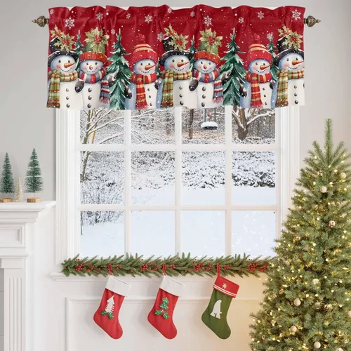Miniatura 4 de Cenefa de muñeco de nieve de Navidad para ventanas de cocina, cenefas de invierno con bolsillo para barra, cortinas cortas, copos de nieve, bayas