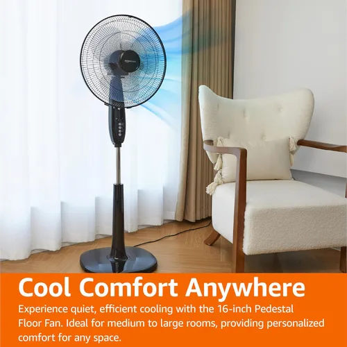 Miniatura 5 de Amazon Basics - Ventilador de pedestal de 16 pulgadas con control remoto, ventilador de piso, ventilador de pie para dormitorio, sala de estar