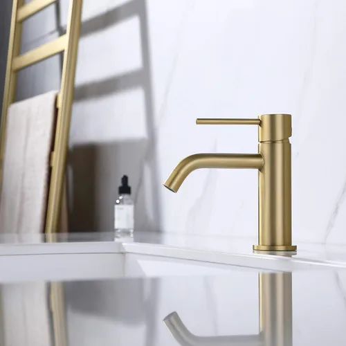 Miniatura 5 de Grifo de baño de oro cepillado, grifo de fregadero de latón de una sola manija para baño con un solo orificio con montaje de drenaje de fregadero