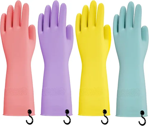 Guantes de goma para lavar platos - 4 pares de guantes de cocina con ganchos de mano, guantes para el hogar, talla grande